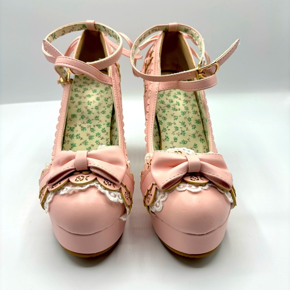 Bow Lace Princess Lolita Shoes Womens Chunky High Heels Ankle Strap Pumps Size 8 - Picture 11 of 12